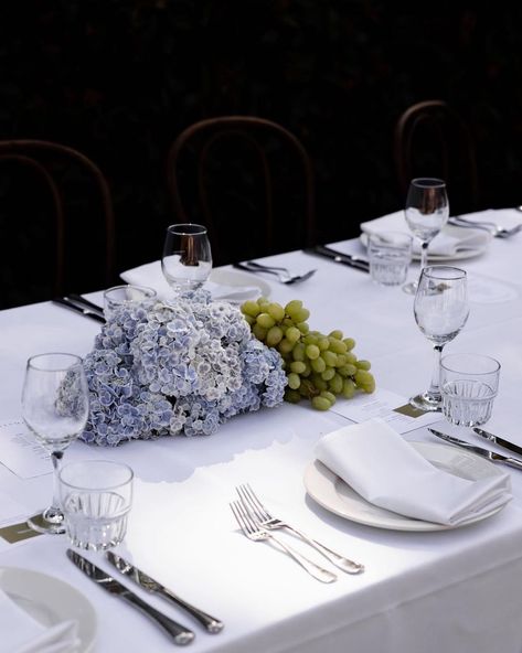 Ivory Room, Megan Kelly, Modern Tablescape, Hydrangea Centerpiece, Blue Hydrangeas, Hydrangeas Wedding, Dinner Table Setting, Wedding Mood Board, Wedding Tablescapes