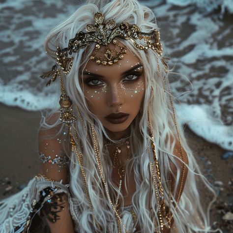 Mermaid Costume Woman, Mermaid For Halloween, Mythical Photoshoot, White Hair Fairy, Ocean Goddess Photoshoot, Mermaid Hair Costume, Siren Makeup Look, Siren Halloween Makeup, White Fairy Costume