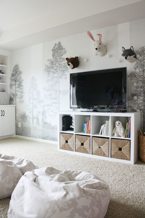 Step-by-step tutorial on how to install a wall mural with Photowall wallpaper. See how his forest wall mural completely transformed our playroom. Playroom Wall Mural, Kids Tv Room, Stylish Playroom, Ideas Habitaciones, Playroom Wallpaper, Baby Playroom, Forest Wall Mural, Kids' Playroom, Playroom Storage