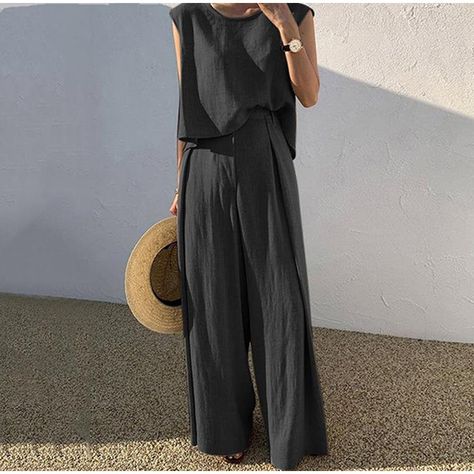 Material: Polyester/Cotton Blend Occasion: Daily Fit: Loose *The item does not include any accessories in the picture, unless stated otherwise in the product description. Size chart Size Bust Shoulder Length Waist Hipline Trousers Length CM INCH CM INCH CM INCH CM INCH CM INCH CM INCH S 98 39.2 40 16 48.5 19.4 67 26.8 110 44 101 40.4 M 103 41.2 41 16.4 49.5 19.8 72 28.8 115 46 102.5 41 L 108 43.2 42 16.8 50.5 20.2 77 30.8 120 48 104 41.6 XL 113 45.2 43.5 17.4 51.5 20.6 82 32.8 125 50 105.5 42.2 Oversize Outfits, Suit Type, Mid Waist Pants, Sleeveless Suit, Linen Fashion, Mode Casual, Linen Casual, Pantalon Large, Aaliyah