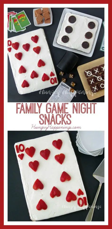 Family Game Night Snacks - Fruit Pizza Playing Card & Brownie Dice Dessert For Game Night, Snacks For Card Playing Night, Game Night Treats, Card Game Food Ideas, Card Party Food Ideas, Dice Dessert, Game Night Dessert Ideas, Desserts For Game Night, Card Club Food Ideas