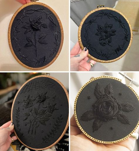 Black On Black Embroidery Ideas, Black On Black Cross Stitch, Black Embroidery On Black Fabric, Black Fabric Embroidery, Witchy Embroidery Ideas, Gothic Embroidery Patterns, Embroidery Witchy, Black Embroidery Designs, Gothic Cross Stitch Patterns