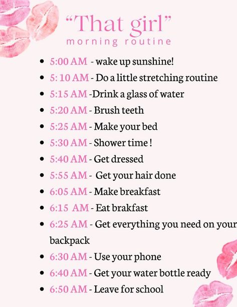 Routine For Healthy Lifestyle, Being That Girl Routine, Best Daily Routine Life, Work Out Morning Routine, Good Self Care Routine, How To Become A 5am Girl, Morning Routine 5am-7am, School Routine 6 Am, School Mornings Routines