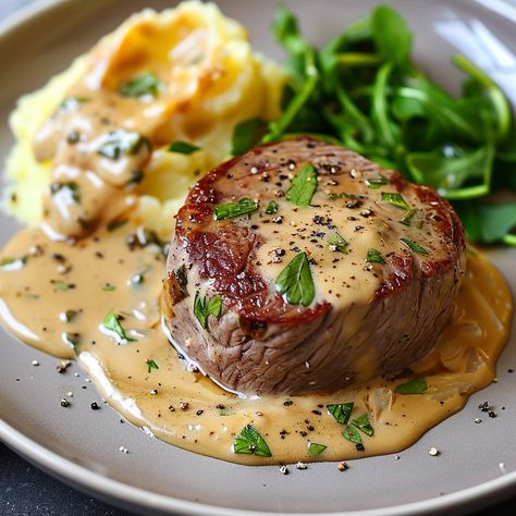 Filet Mignon with Mustard Sauce Ingredients For the Filet Mignon: 4 filet mignon steaks (about 1 1/2 inches thick) 2 tablespoons olive oil Salt and pepper to taste 2 tablespoons unsalted butter 2 cloves garlic, minced 2 sprigs fresh thyme For the Mustard Sauce: 1 cup heavy cream 2 tablespoons Dijon mustard 1 tablespoon whole-grain mustard 1 teaspoon Worcestershire sauce 1 teaspoon lemon juice Salt and pepper to taste Fresh parsley, chopped (for garnish) For the Sides: 4 cups mashed potatoe... Filet Mignon Recipes, Beef Sauce, Chef Food, Mustard Sauce, Food Babe, Best Dinner Recipes, Julia Child, Fresh Thyme, Worcestershire Sauce