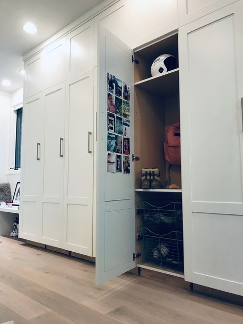 Mudroom Lockers Floor To Ceiling Mudroom Lockers, Laundry Lockers Mud Rooms, Farmhouse Mudroom Lockers, Locker Room Mudroom, Garage Mudroom Lockers, Home Locker Room, Mudroom Lockers With Doors, Kids Mudroom, Breezeway Ideas