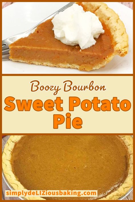 Easy, homemade sweet potato pie with a kick of bourbon. Classic sweet potato pie flavor with the deep rich flavor of bourbon. Click here for this simple, southern fall dessert recipe. #bourbonsweetpotatopie Easy Homemade Sweet Potato Pie, Bourbon Sweet Potato Pie, Easy Sweet Potato Pie, Sweet Potato Pie Recipe Easy, Bourbon Pie, Homemade Sweet Potato Pie, Bourbon Sweet Potatoes, Fall Dessert Recipes Easy, Fall Pies