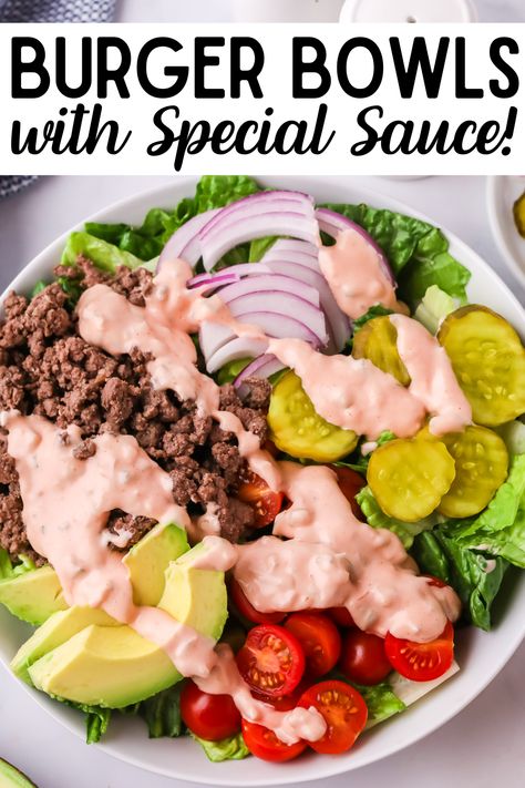 burger bowls with special sauce Cheeseburger Salad Recipe, Tuna Bowl, Burger In A Bowl, Mac Salad Recipe, Cheeseburger Salad, Big Mac Salad, Burger Salad, Low Carb Burger, Healthy Bowls Recipes