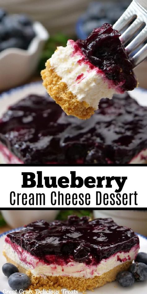 Blueberry Cream Cheese Dessert is a refreshing and delightful, easy to make, blueberry dessert recipe, made with sweet blueberry pie filling, fresh blueberries,, a fluffy and delicious cream cheese mixture all layered on a graham cracker crust. Desserts For Barbecues, Potluck Dishes Dessert, No Bake Cream Cheese Desserts, Blueberry Cream Cheese Dessert, Lemon Blueberry Dessert Recipes, No Bake Blueberry Dessert, Graham Cracker Crust Dessert, Blueberry Cheesecake Dessert, Blueberry Recipes Easy