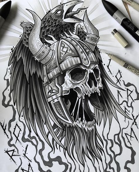 Viking Skull Art, Viking Drawings, Traditional Viking Tattoos, Fake Skin Tattoo, Tarot Card Artwork, Viking Warrior Tattoos, Viking Tattoo Sleeve, Half Sleeve Tattoos Drawings, Becoming A Tattoo Artist