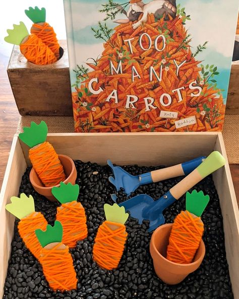 Garden Sensory Bin! 🥕 An easy sensory bin for Easter! Rosie and I made carrots by wrapping cardboard with orange yarn. I added the… | Instagram Bean Sensory Bin, Diy Carrots, Easy Sensory Bin, Garden Sensory Bin, Garden Sensory, Carrot Craft, Toddler Sensory Bins, Daycare Themes, Easter Crafts Preschool