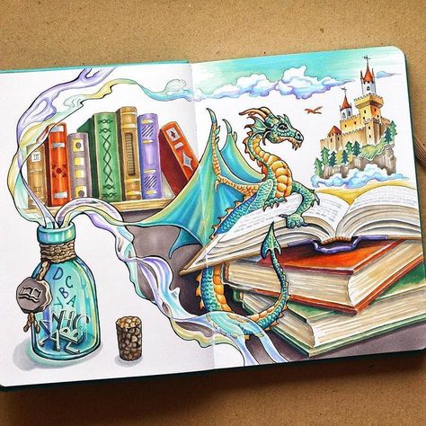 Books can create the whole fantasy worlds for readers. Travel Journal Countries Plus Fantasy Drawings. By Anna Cheberiak. Kunstjournal Inspiration, Travel Art Journal, Fantasy Worlds, Fantasy Drawings, Bullet Journal Art, Arte Sketchbook, Art Drawings Sketches Creative, Amazing Art Painting, Art And Illustration