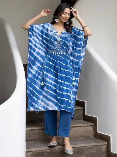 Buy Blue Embroidered Art Silk Leheriya Kaftan | SMC2214BLU/TCT3 | The loom Kaftan Frock Design, Kaftan With Jeans, Kaftan Tops With Jeans, Lehriya Kurti Designs, Lehriya Dress, Leheriya Kurti, Dresses Ideas For Women, Kaftan Ideas, Kaftan Kurti