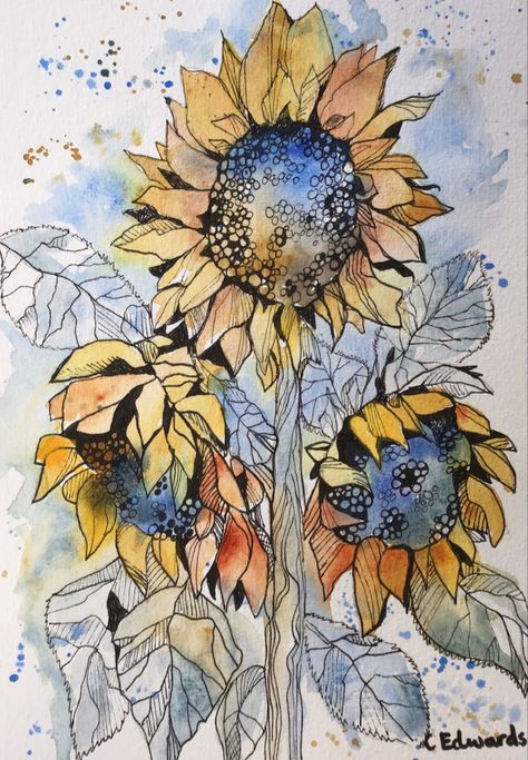 Watercolour and pen and ink. Pen And Watercolor Flowers, Ink And Wash Watercolors, Pen And Wash Watercolour, Watercolor And Ink Flowers, Easy Landscapes, 2022 Journal, Autumn Sunflowers, Watercolour Wash, Fall Paintings