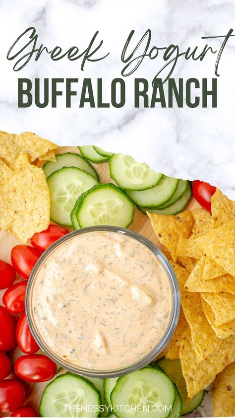 Spicy, tangy and creamy, this Buffalo ranch dip or dressing is perfect for drizzling on salads or using for dipping veggies, wings and more. Ready in minutes, it is made with a Greek yogurt base for a healthier twist. Buffalo Veggie Dip, Ranch Made With Greek Yogurt, Healthy Dips With Greek Yogurt, Healthy Veggie Dip Greek Yogurt, Chip Dip With Greek Yogurt, Homemade Veggie Dip Greek Yogurt, Ranch Dressing Uses, Healthy Salad Dips, Buffalo Salad Dressing