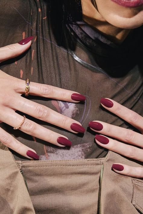 "Royal, luxurious, and romantic Plum color solid nails. The warm and deep reddish purple color will be the best match for this delicate autumn season. Wear Plum nails with any Full Color Nails, Solid Nails, Nail Paint Shades, Plum Nails, Reddish Purple, Subtle Nails, Autumn Look, Dark Violet, Casual Nails