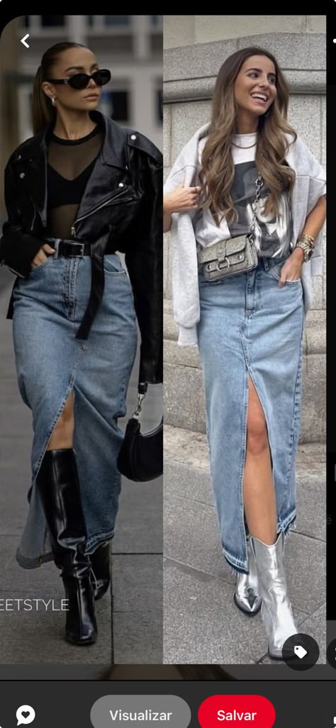 European Fashion Spring Street Style, Organizing Jeans In Closet Ideas Shelves, Fall 2023 Style Trends, Denim Maxi Skirt Outfit Fall 2023, Trendy Fall Outfits 2023 Street Style, Mid Jean Skirt Outfits, Wide Leg Overalls Outfit, Long Black Denim Skirt Outfit, Medium Body Type Outfits