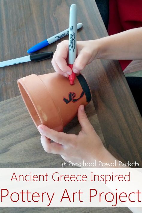 Fun ancient-Greece-inspired pottery craft for preschool and older! Art + History + Geography!! Ancient Civilizations Art, Greece Crafts For Kids, Ancient Greece Crafts, Ancient Greece Projects, Greece Project, Ancient Greece For Kids, Ancient Greece History, Ancient Greece Art, Craft For Preschool