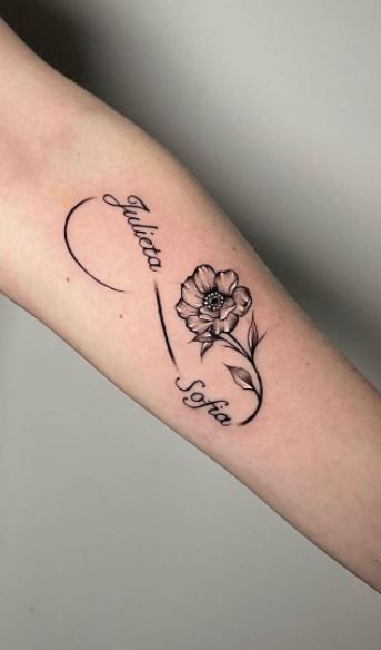 Rip Infinity Tattoo In Memory Of, Infinity Names Tattoos, Sister Infinity Tattoo Ideas, Infinity Tattoo With Sunflower, Infinity Tattoo With Lily, Infinity Sign Tattoo With Names, Flower With Infinity Tattoo, Infinity Link Tattoo, Infinity Floral Tattoo