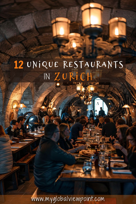 Medieval looking restaurant in Zurich with text overlay saying "12 Unique Restaurants in Zurich" Zurich Restaurants, Futuristic Setting, Coolest Restaurants, Castle Restaurant, Swiss Cuisine, Gourmet Meals, European Cuisine, Cool Restaurant, European Cities