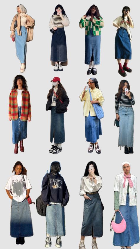 #outfitinspo #inspo #inspiration #fashion #inspoboard #beauty #jeanskirt #jeans #modestfashion Modest Outfits Casual Pants, Jean Skirt Office Outfit, Denim Skirt Styling Ideas, Cute Long Jean Skirt Outfits, Denim Skirt 2000s Outfit, Streetwear Fashion With Skirt, Light Jean Skirt Outfit, Long Skirt Outfits 2024, Long Jean Skirt Fall Outfits