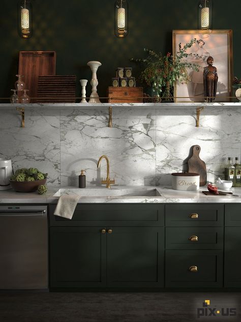 Moody Kitchen, Farmhouse Kitchen Island, Marble Kitchen, Marble Counter, Classic Kitchen, Green Cabinets, Dark Kitchen Cabinets, Dark Cabinets, Kitchen Marble