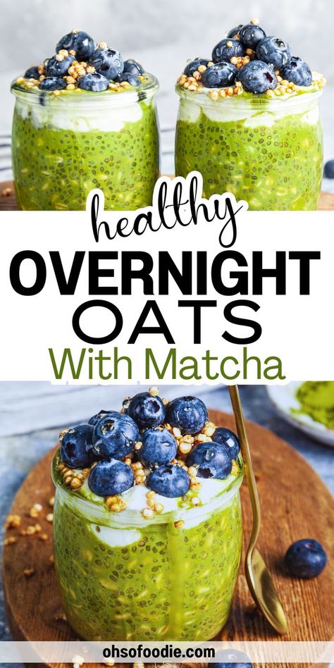 Text reads Healthy Overnight Oats With Matcha Powder Chia Recipes Breakfast, Chia Seeds Overnight, Healthy Chia Seed Recipes, Chia Seed Overnight, Chia Seed Overnight Oats, Yoga Cafe, Overnight Oats With Chia Seeds, Oats With Chia Seeds, Dairy Free Overnight Oats