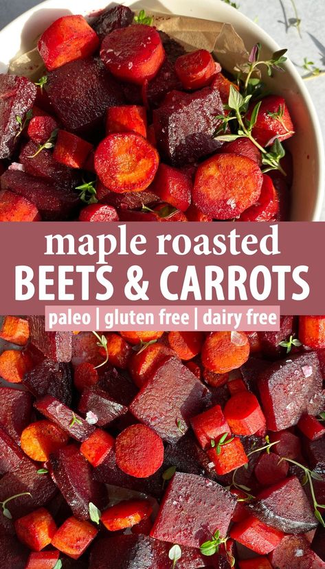 These maple roasted beets and carrots are a healthy dinner side dish packed with flavor. This recipe is made with thinly sliced beets and carrots that are coated in maple syrup and cinnamon, baked in the oven and then topped with flaked salt and fresh thyme. These baked beets and carrot are paleo friendly, gluten free and dairy free. Carrots And Beets Recipe, Maple Roasted Beets And Carrots, Roasted Beets And Carrots Oven, Beets Carrots Recipe, Sweet Potato Beets Roasted, Carrot Baked Recipes, Roasted Beets With Lemon-tahini Dressing, Roasted Carrots And Beets Oven, Thanksgiving Beets Recipes