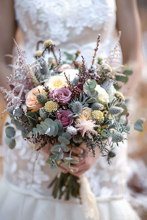 A winter wedding bouquet feels perfect for your winter wedding. Trust me, this floral selection will complement a winter-themed wedding. Collect that to your bouquet selection. Boho Winter Wedding Bouquet, Winter Floral Bouquet, Simple Winter Bouquet Wedding, Wedding Bouquets Thistle, Colorful Winter Bouquet, Snowy Wedding Aesthetic, Woodsy Bouquet, March Flower Bouquet, Winter Bouquet Ideas