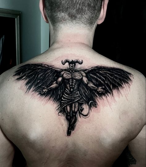 Fallen Lucifer Tattoo, Devil Back Tattoo, Fallen Angel Back Tattoo, Devil Tattoo Demons, Devil Tattoo Men, Demonic Tattoo Designs, Demon Back Tattoo, Demons Tattoo Ideas, Lucifer Tattoo Design