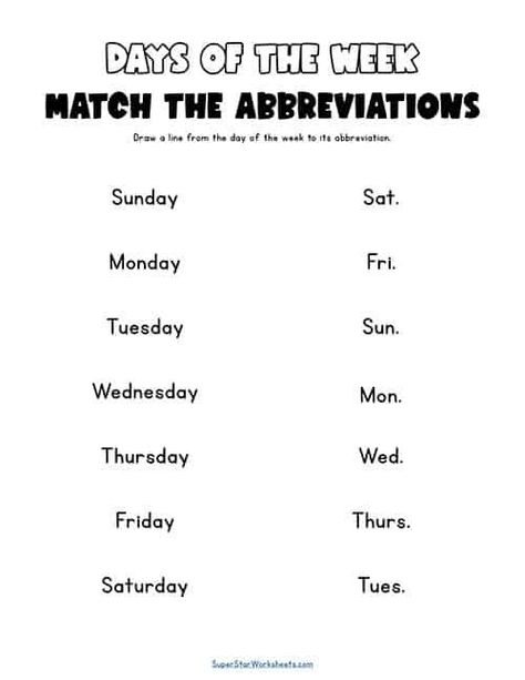 Free printable Days of the Week Worksheets, Activities, Games & More from SuperStarWorksheets.com Abbreviations Worksheet, Days Of The Week Printables, Calendar Worksheets, Memory Book School, Writing Practice Worksheets, Spelling Worksheets, English Worksheets For Kids, Activities Games, Fun Worksheets