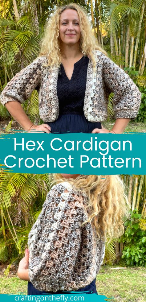 Granny Square Cardigan Cropped Jacket Hexagon Crochet Pattern - Crafting on the Fly Crochet Boot Cuff Pattern, Traditional Granny Square, Hexagon Crochet Pattern, Hexagon Crochet, Granny Square Cardigan, Crochet Jacket Pattern, Granny Square Sweater, Square Cardigan, Single Crochet Decrease