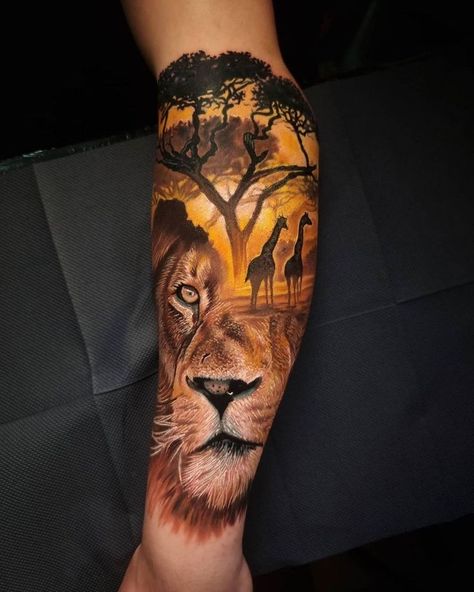 Lion & Giraffes by Marek Hali, owner of Hali Tattoo Studio in Gorlice, Poland. Safari Tattoo Ideas, Safari Tattoo, African Sleeve Tattoo, Africa Tattoos, Animal Sleeve Tattoo, African Tattoo, Tattoo Themes, Lion Tattoo Design, Theme Tattoo