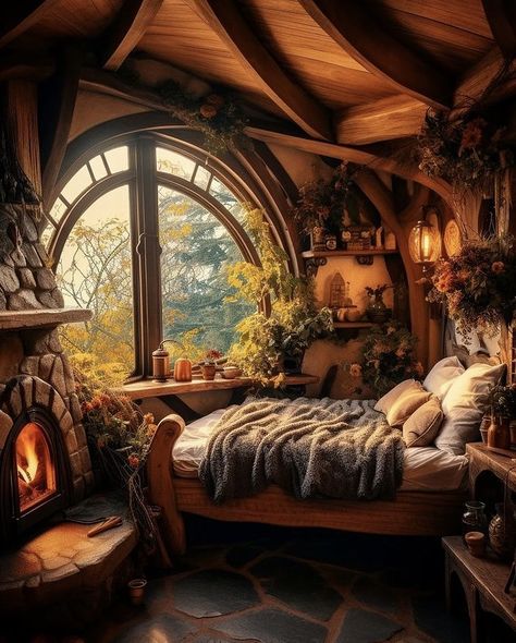 Hobbit Style Decor, Whimsigothic Bathroom, Small Bedroom Fireplace, Hobbit House Aesthetic, Hobbit Hole House, Hobbit Home Aesthetic, Hobbit Hole Interior, Hobbit Aesthetic Home, Bed Small Room