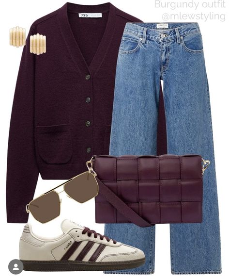 Zara Fall Winter 2024 2025, Zara Autumn Outfit 2024, Burgundy Adidas Outfit, Burgundy Bag Outfit Street Style, Zara Cardigan Outfit, Burgundy Samba Outfit, Fall Adidas Samba Outfit, Burgundy Cardigan Outfit Fall, Zara Outfit 2024 Autumn