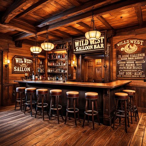 this site is all AI and is too cowboy/western but i do like the lit bottle shelves, the wooden bartop, and the bar cladding Cowboy Cafe Design, Small Pub Interior Bar Ideas, Rustic Pub Interior Design, Western Restaurant Interior, Cowboy Bar Aesthetic, Western Saloon Interior, Western Bar Ideas, Saloon Bar Ideas, Rustic Restaurant Interior Design