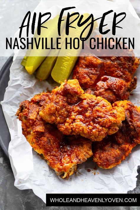 Air fryer Nashville hot chicken is a healthier version of the classic spicy fried chicken! Crispy buttermilk-soaked chicken thighs are fried until perfectly crispy and brushed in a spicy cayenne sauce. Essen, Nashville Fried Chicken, Fried Chicken Crispy, Hot Chicken Recipe, Hot Chicken Sandwiches, New Air Fryer Recipes, Air Fryer Fried Chicken, Air Fryer Chicken Thighs, Spicy Fried Chicken