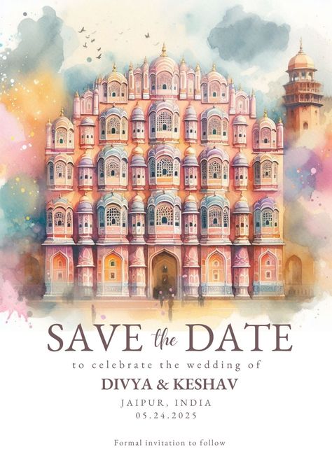 Jaipur Destination Wedding Save the Date | Dr Save The Date Ideas Digital Art, Save The Date Wedding Templates, New Save The Date Ideas, Save The Date Ideas Wedding, Jaipur Wedding Invite, Hawa Mahal Illustration, Wedding Invite Watercolor, Wedding Illustration Background, Wedding Invites Ideas