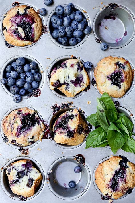 Blueberry-Basil Muffins Basil Muffins, Vegetarian Muffins, Blueberry Basil, Fruity Recipes, Basil Recipes, Muffin Recipes Blueberry, Blueberry Recipes, Blueberry Muffins, Blue Berry Muffins