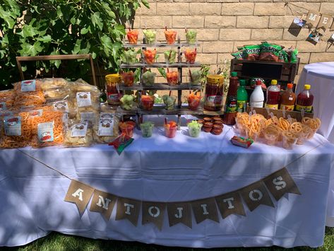 Mexican Party Table Candy Buffet, Botana Table Mexican, Dessert Table Cowboy Theme, Fruit Table Ideas Birthday Mexican, Mexican Candy Table Ideas Birthday, Mexican Party Sweets Table, Fruit And Chamoy Bar, Mexican Party Fruit Table, Fiesta Candy Table Mexican