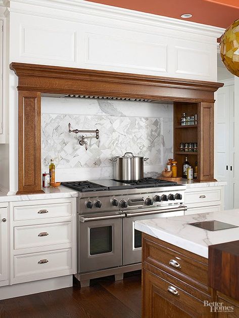 Built In Kitchen Range Hood Ideas, Range Surround Ideas Kitchen, Range Hood With Pot Rack, Stone Range Surround, Hood With Spice Storage, Recessed Stove Kitchen, Oven Nook Kitchen, Oven Surround Ideas, Range Hood Spice Rack