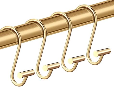 CHICTIE Gold Shower Curtain Hooks Rings, Decorative Shower Curtain Rings for Bathroom Shower Rod, Set of 12 Premium Rust-Resistant Metal Shower Hooks Hangers T Shaped Design : Home & Kitchen Gold Shower Curtain, Curtain Hangers, Shower Rods, Gold Shower, Double Shower, Retro Bathrooms, Power Room, Bathroom Themes, Shower Hooks