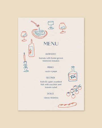 Handmade Menu Card, Dinner Party Menu Design, Party Menu Design, Dinner Menu Design, Dinner Party Menu Ideas, Quirky Invitations, Menu Design Inspiration, Menu Illustration, Italian Dinner Party