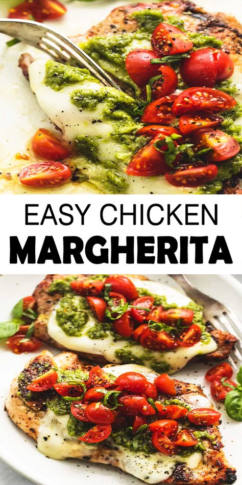 These Grilled Chicken Margherita so healthy and easy, topped with tomato basil garnish, melted mozzarella cheese and pesto. Make you perfect dinner and only 30 minutes can be starring on your dinner table. #chicken #recipe #grilledchicken #chickenmargherita #grilledchickenmargherita #dinner Chicken Margherita Recipes, Grilled Chicken Margherita, Dinner Tonight Easy, Margherita Recipe, Chicken Margherita, Healthy Grilled, Healthy Grilling, Easy Meals For Kids, Best Dinner Recipes