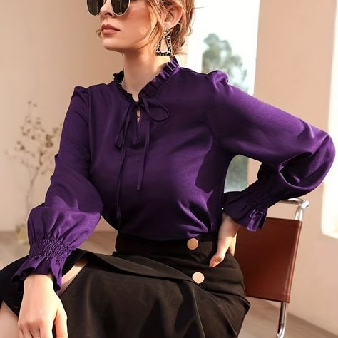 Solid color Dark Purple Adult Polyester Purple Top Outfit, Blouse Elegant, Sleeves Designs For Dresses, Purple Outfits, Purple Blouse, Fashion Hacks Clothes, Designs For Dresses, Purple Top, Tshirt Outfits