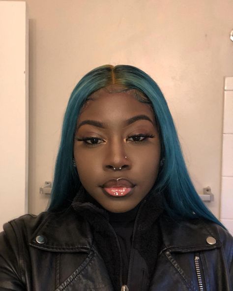 HENRI B.STYLES on Instagram: “I’d stan.” Blue Hair, Smiley Piercing, Nose Piercing, Smiley, A Black, Piercings, A Woman, Leather Jacket, Mirror