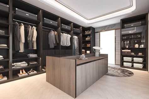 Walk in closet with indirect light in tray ceiling wood veneer island Tray Ceiling Wood, Closet With Island, Ceiling Wood, Recessed Lighting Fixtures, Closet Island, Wall Shelving Units, Bedroom Interior Design Luxury, Luxury Closets Design, Bedroom Closet Design