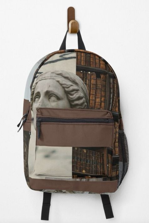 Dark academia inspired backpack. Beautiful dark academia backpack of collage photo print of a Greek Statue, Hand Letter Writing, and Library Books. View sdarkacademia on Redbubble. #darkacademia #darkacademiabag #backpack #redbubble #darkacademiacollage Dark Academia School Bag, Dark Academia Backpack, Dark Academia Bag, Academia Moodboard, Academia Backpack, Dark Academia Collage, Academia Collage, Dark Academia Moodboard, Dark Academia School