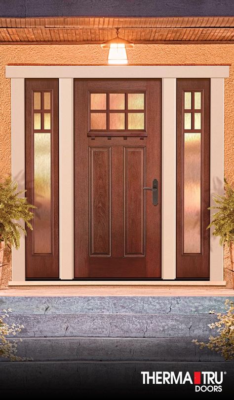 Therma-Tru Fiber-Classic Mahogany Collection fiberglass door with Chord privacy glass and simulated divided lites. Craftsman Front Door, Craftsman Doors, Entry Patio, Pintu Interior, Craftsman Front Doors, Entry Door With Sidelights, Exterior Entry Doors, Best Front Doors, Fiberglass Exterior Doors