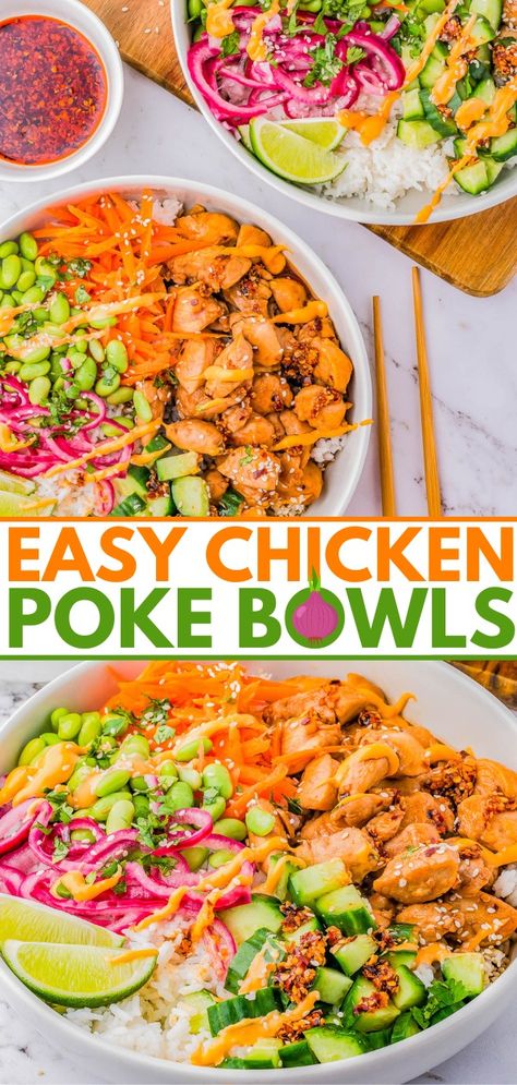 30-Minute Chicken Poke Bowls - Averie Cooks Healthy Chicken Bowl Recipes, Chicken Poke Bowl Recipe, Chicken Poke Bowl, Bowls Recipes, Fish Pasta, Minute Chicken, Bowl Meals, Poke Bowl Recipe, Poke Bowls