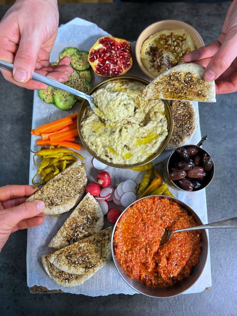 Mezzo Platter, Walnut Dip, Aubergine Dip, Roasted Aubergine, Mezze Platter, Plant Based Vegan, Vegan Holiday, Baba Ganoush, Olive Relish